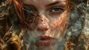 A woman with freckles and smoke is in the grass photo