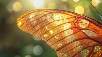 A close up of a butterfly wing with sunlight shining through it photo