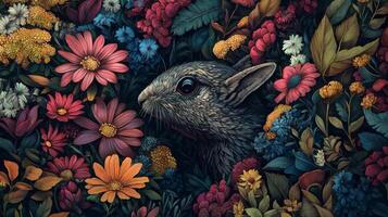 A rabbit in a field of flowers photo