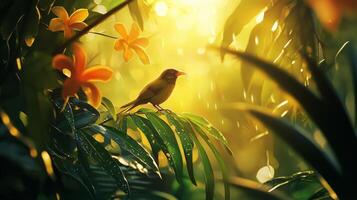 A bird is perched on a branch in the jungle photo