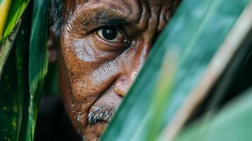 A man peeking out from behind a leaf photo