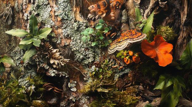 A close up of a tree with moss and flowers photo