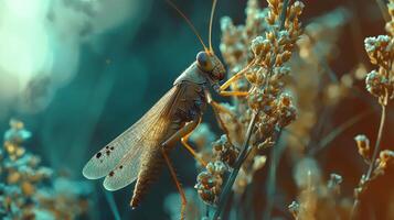 A grasshopper is sitting on some grass photo