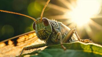 A grasshopper is sitting on a leaf with the sun shining behind it photo