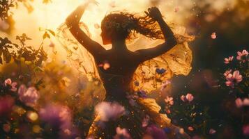 A woman in a field of flowers with her arms up photo