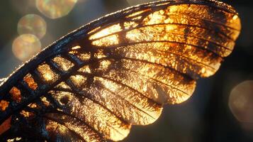 A butterfly wing with the sun shining through it photo