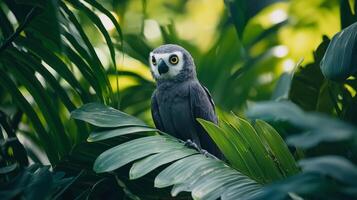 An owl sitting on a leaf in the jungle photo