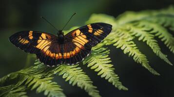 A butterfly is sitting on a fern leaf photo