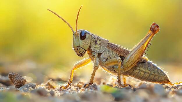 A grasshopper is standing on the ground photo