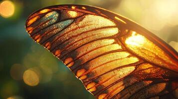 A close up of a butterfly wing with the sun shining photo