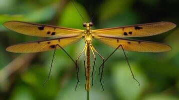 A large yellow dragonfly with black spots on its wings photo