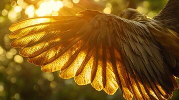 A bird with its wings spread out in the sun photo