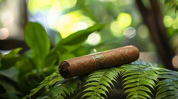 A cigar sitting on top of a green plant photo