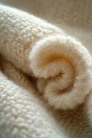 Close-up view of rolled boucle fabric in soft cream color photo