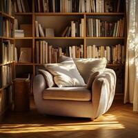 Cozy boucle chair in a sunlit library corner with shelves photo