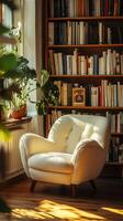 Cozy white boucle armchair beside a sunlit bookshelf photo