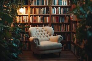 Cozy reading nook with vintage chair in a book-filled library photo