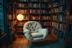 Cozy boucle chair beside a glowing lamp in a warm library setting photo