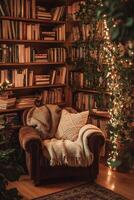Cozy reading nook with warm lights and a plush armchair photo