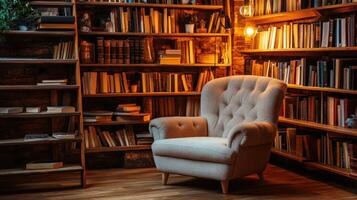 Cozy boucle chair in warm library corner surrounded by books photo