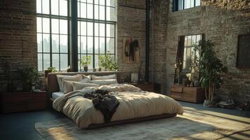 Cozy industrial bedroom design with large windows and natural light photo
