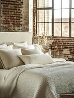 Elegant boucle bedding in a rustic warehouse setting photo