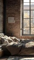 A bedroom with a brick wall and a bed photo