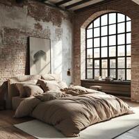 Cozy boucle bedroom in industrial style with large window photo