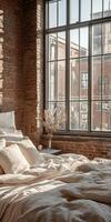 Cozy boucle bedding in a warm, sunlit urban loft photo
