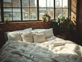 Cozy bedroom with natural light and plants in a modern space photo