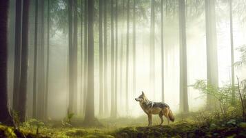 Wolf standing in misty forest at dawn photo