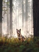 Wild coyote sitting in misty forest during early morning light photo