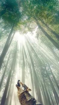 Wolf howling under sunlight in a lush forest setting photo