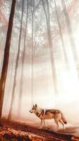 Wolf walking through misty forest at dawn photo