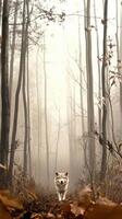 Misty forest trail with a dog in the early morning light photo
