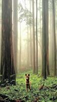 Coyote stands alone in a misty forest surrounded by tall trees photo