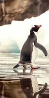 Penguin walking on icy surface near melting icebergs in nature photo