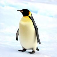 Emperor penguin standing on ice in a snowy environment photo
