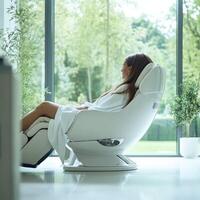 A woman is relaxing in a white chair photo