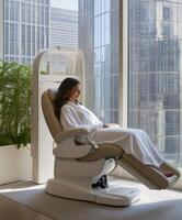 A woman is sitting in a massage chair in front of a window photo