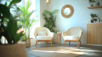A room with two chairs and a plant photo