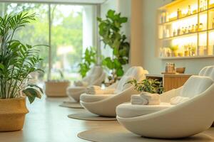 A spa room with white chairs and plants photo