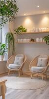 A spa room with white walls and wooden floors photo