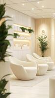 A white room with white furniture and plants photo