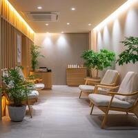 A spa room with white walls and wooden accents photo