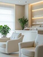 A modern white living room with two chairs and a plant photo