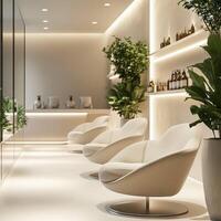 A modern salon with white chairs and plants photo