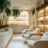A salon with white chairs and plants on the shelves photo
