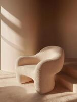 Unique boucle chair positioned in minimalistic interior sunlight photo
