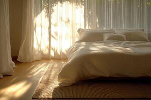 Soft light illuminating a cozy bedroom with boucle fabric photo